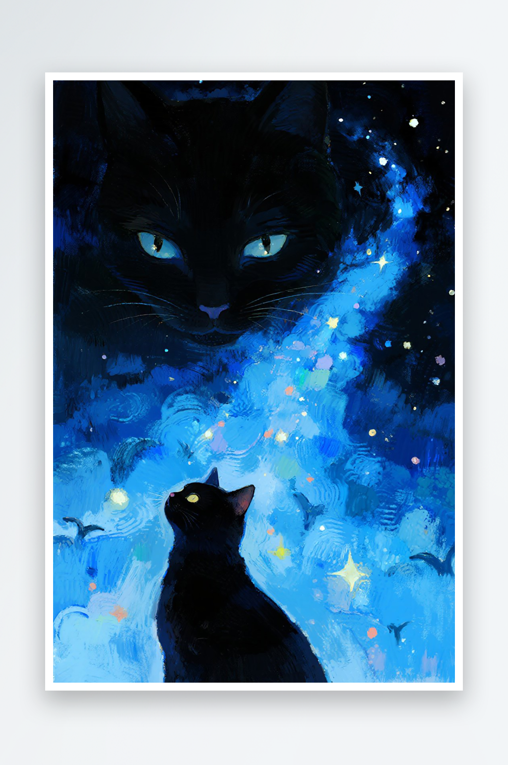 小黑猫蓝色星空水彩图片素材