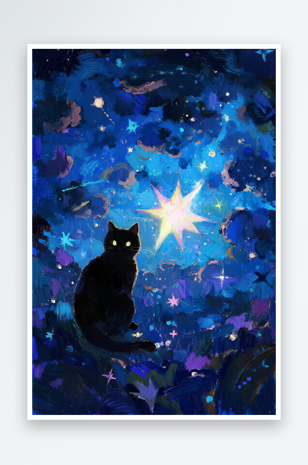 小黑猫蓝色星空水彩图片素材
