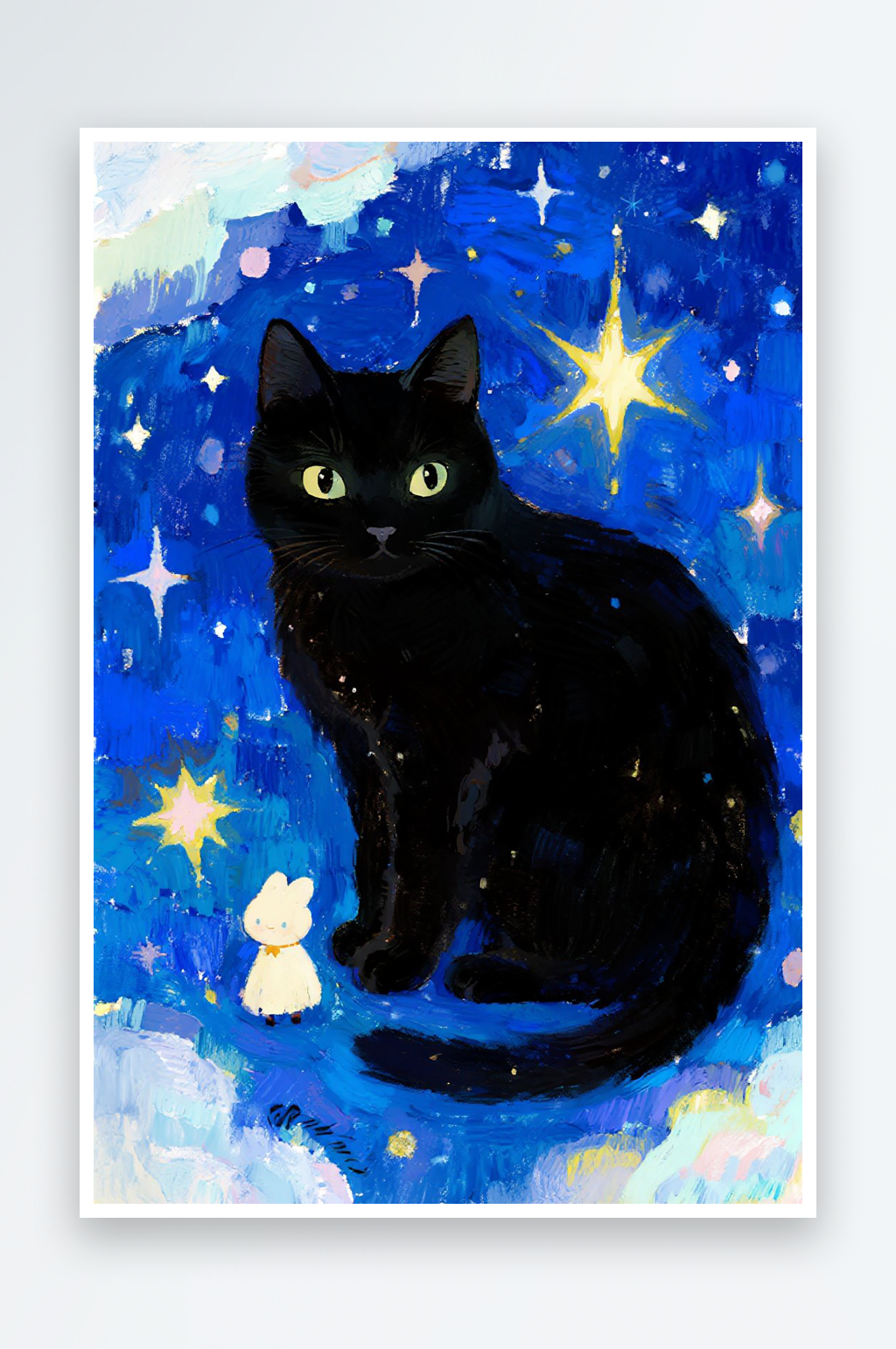 小黑猫蓝色星空水彩图片素材