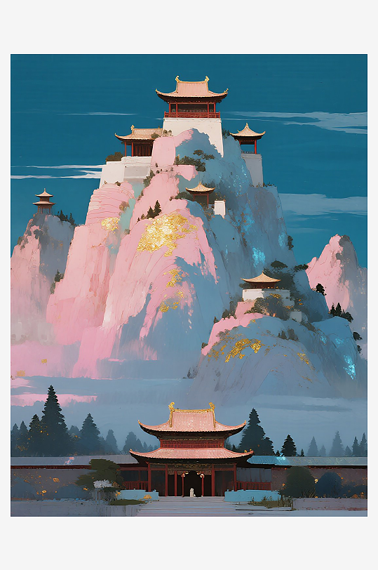 禪意山水古風(fēng)建筑風(fēng)景畫圖片