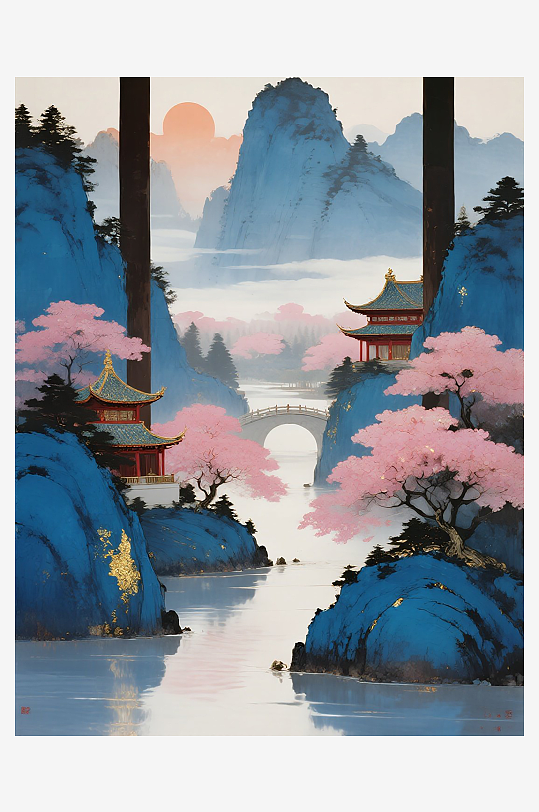 禪意山水古風(fēng)建筑風(fēng)景畫圖片