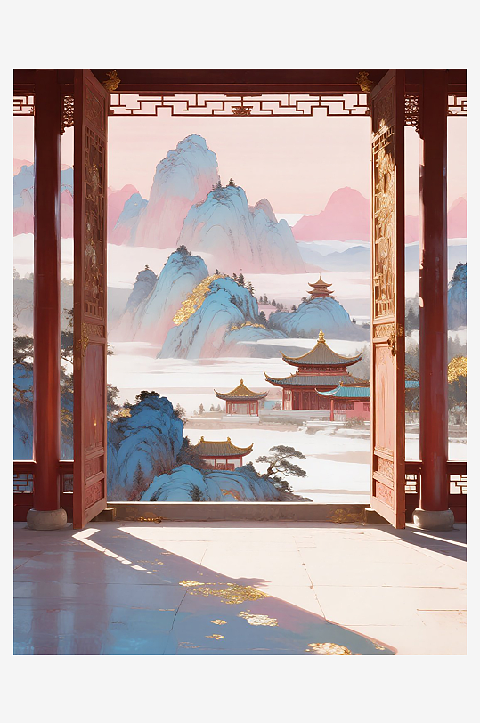 禪意山水古風(fēng)建筑風(fēng)景畫圖片