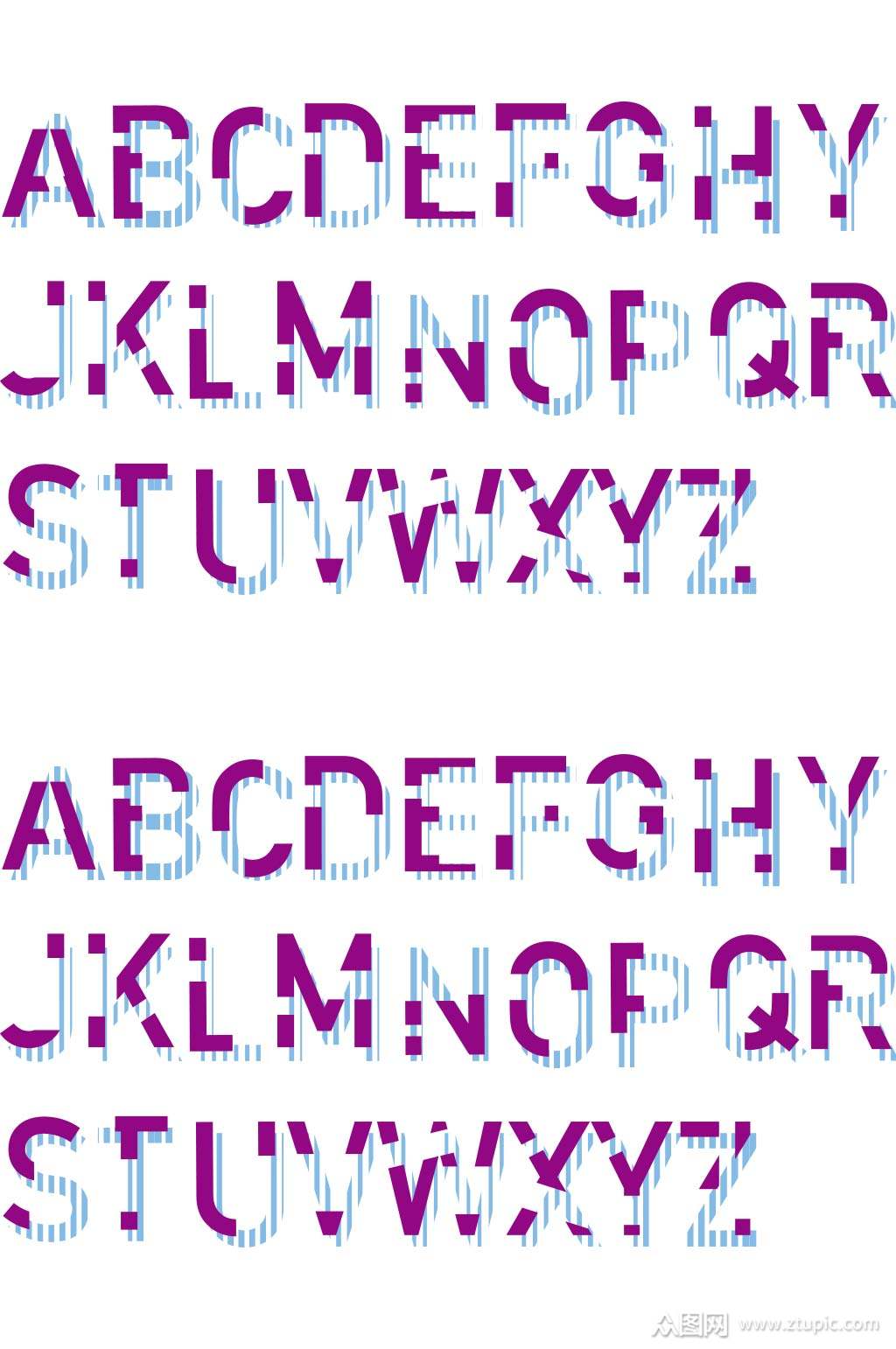 层叠破碎撞色条纹风格26字母字体