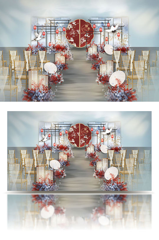 清新户外红蓝新中式婚礼效果图设计