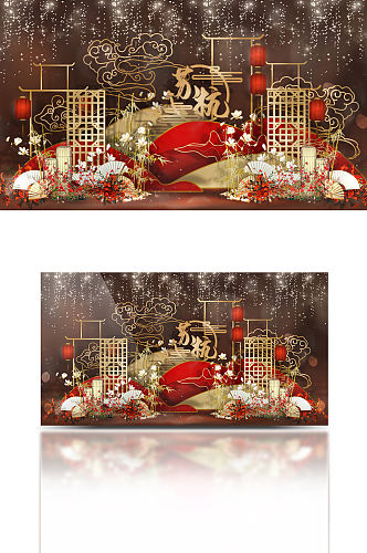 寿宴布置 红金中式婚礼效果图设计图