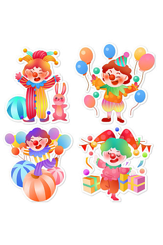 彩色手绘卡通小丑马戏团可爱装饰元素