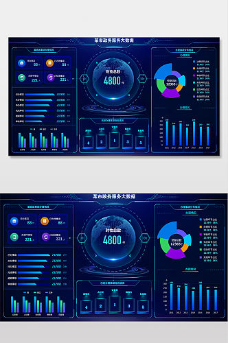 深蓝色政务服务大数据可视化界面
