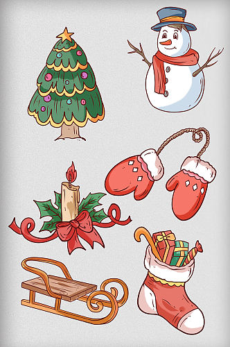 圣诞节雪人圣诞树手套蜡烛雪橇元素