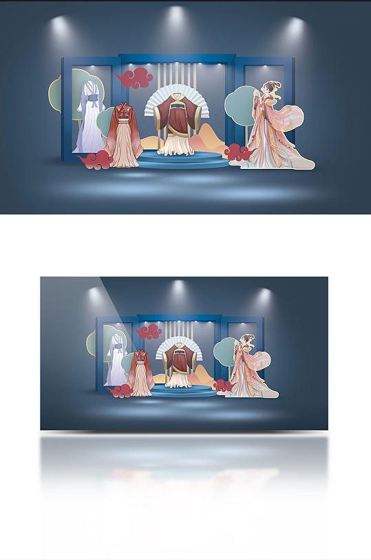 新中式汉代汉服国潮婚礼展台橱窗设计效果图