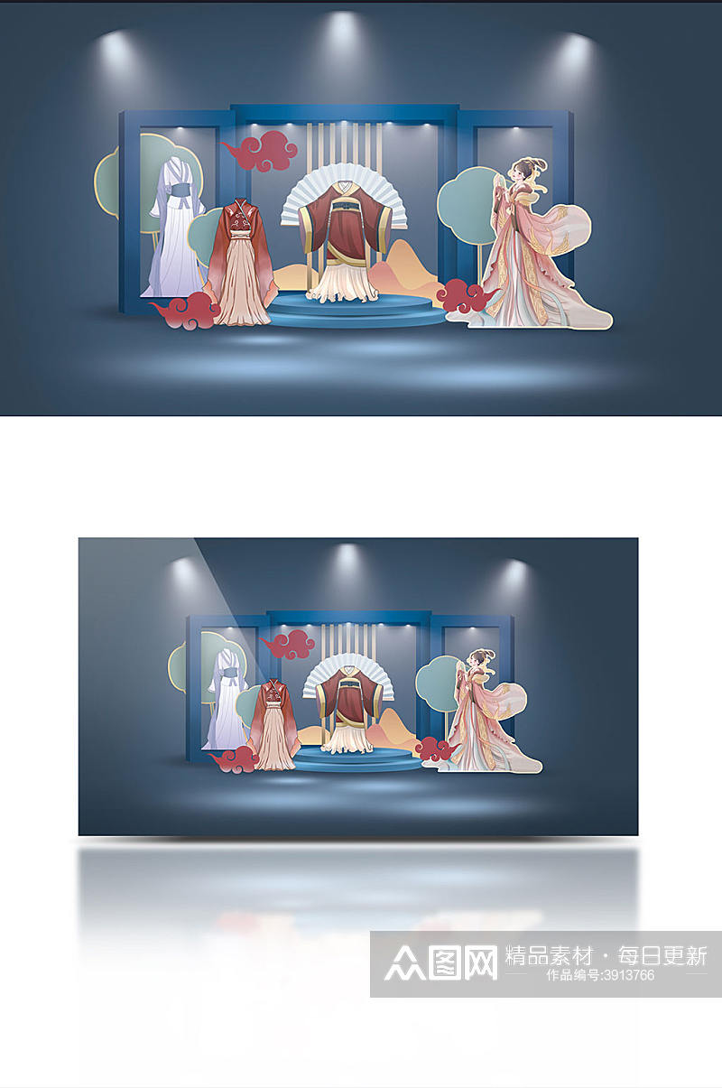 新中式汉代汉服国潮婚礼展台橱窗设计效果图素材