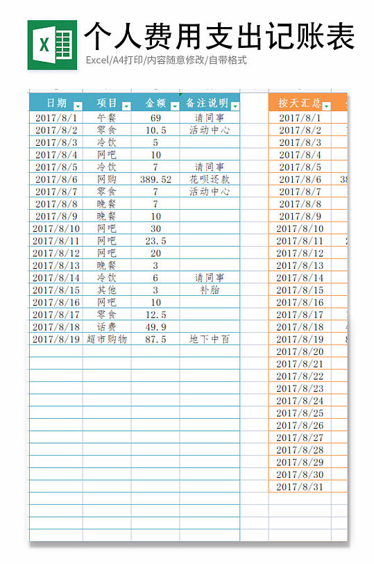 个人费用支出记账表excel模板-众图网