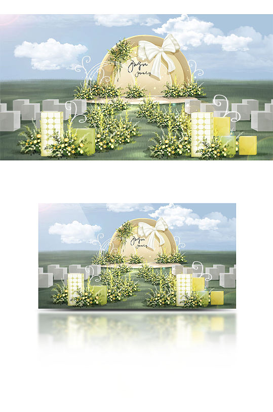 淡黄色梦幻森系户外婚礼效果图-众图网