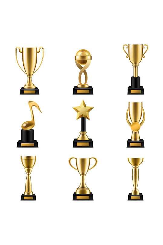 奖杯现实的金色奖杯和奖杯以不同的形状