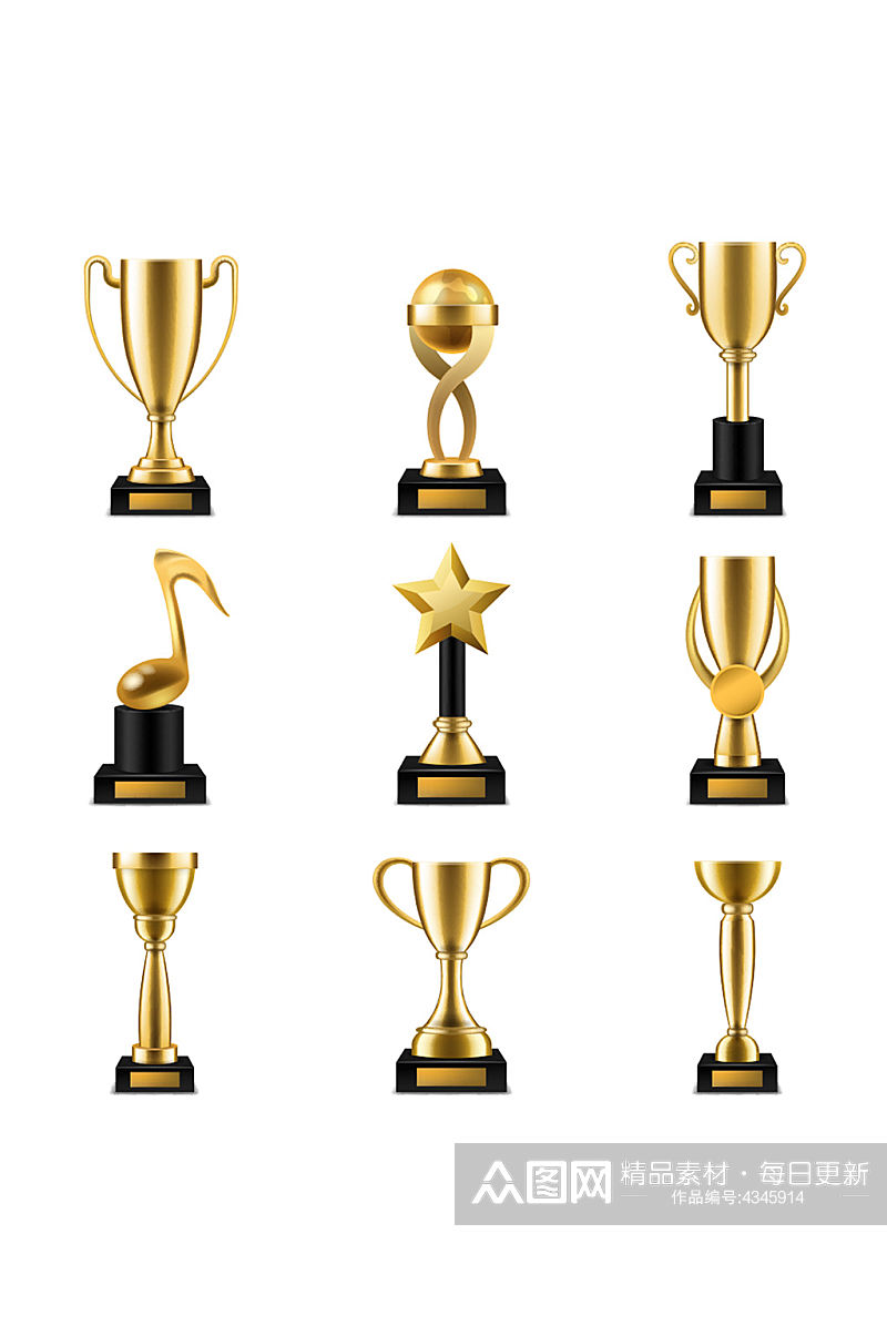 奖杯现实的金色奖杯和奖杯以不同的形状素材