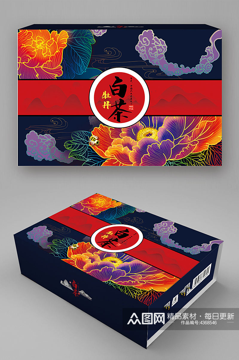 中国风牡丹白茶茶叶包装盒礼品盒包装设计素材