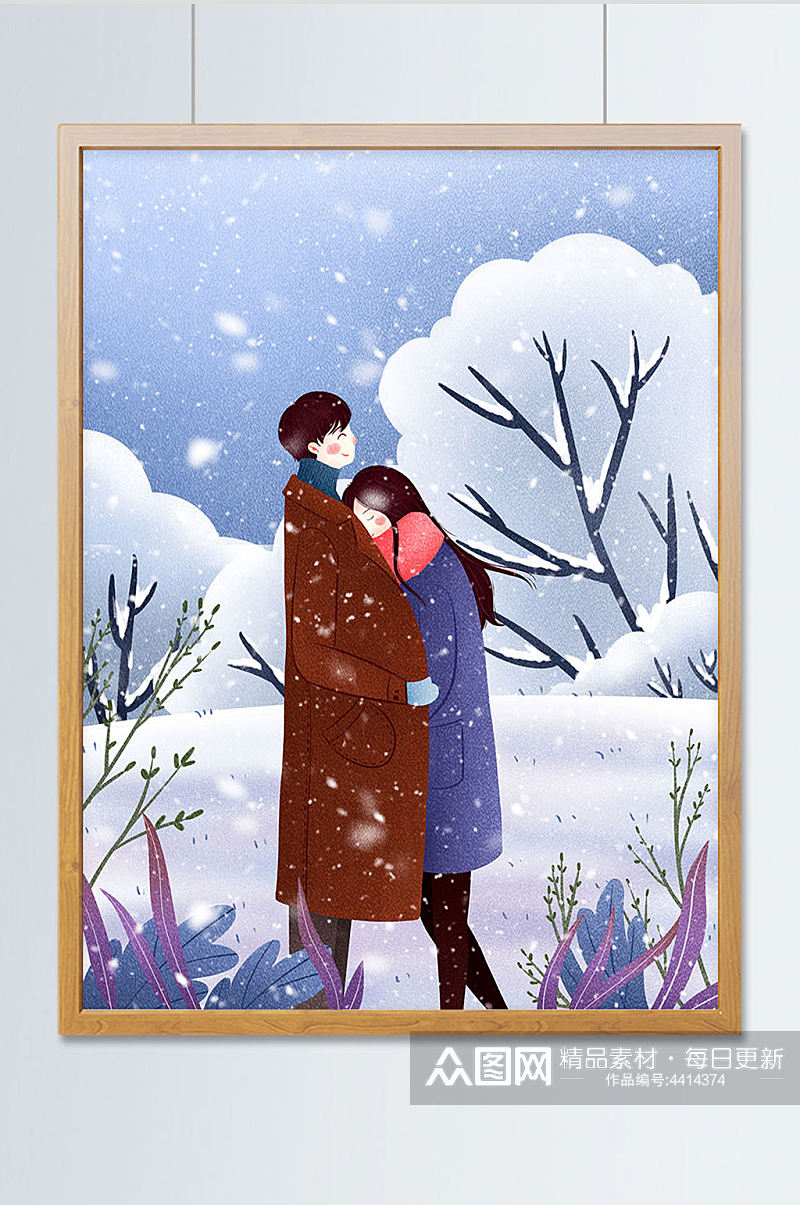 唯美冬季雪景户外雪中情侣插画素材