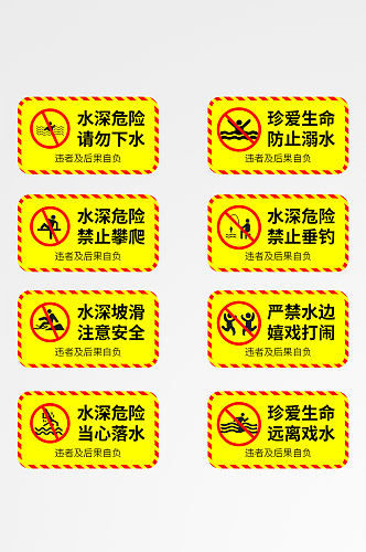 黄色安全标示禁止垂钓钓鱼警示牌