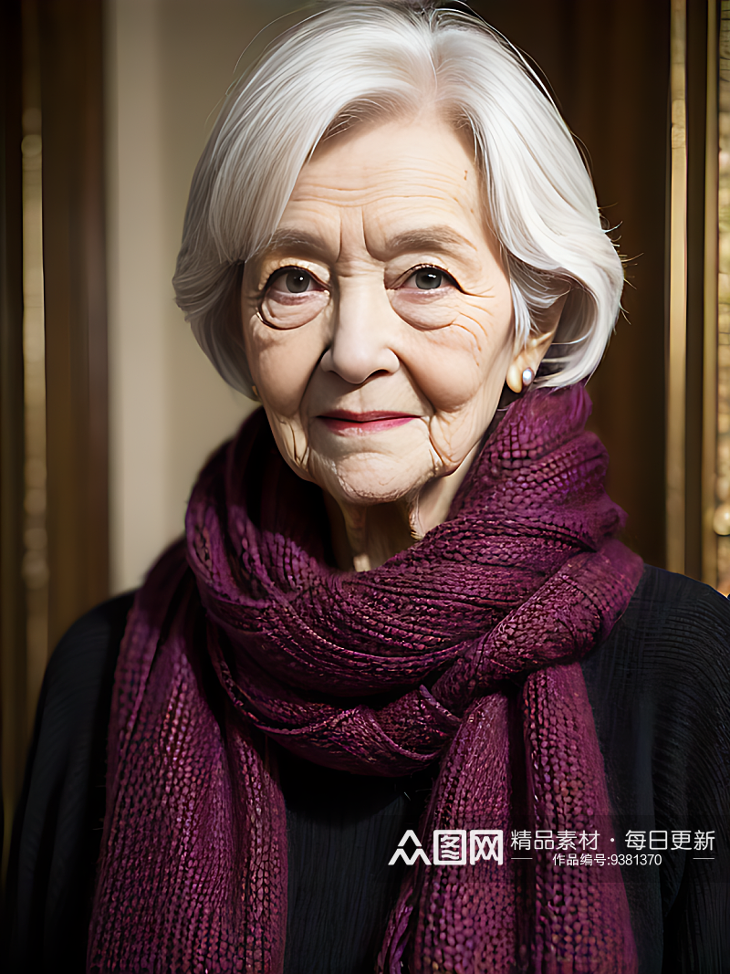 AI数字艺术戴围巾的老年女性写实摄影素材