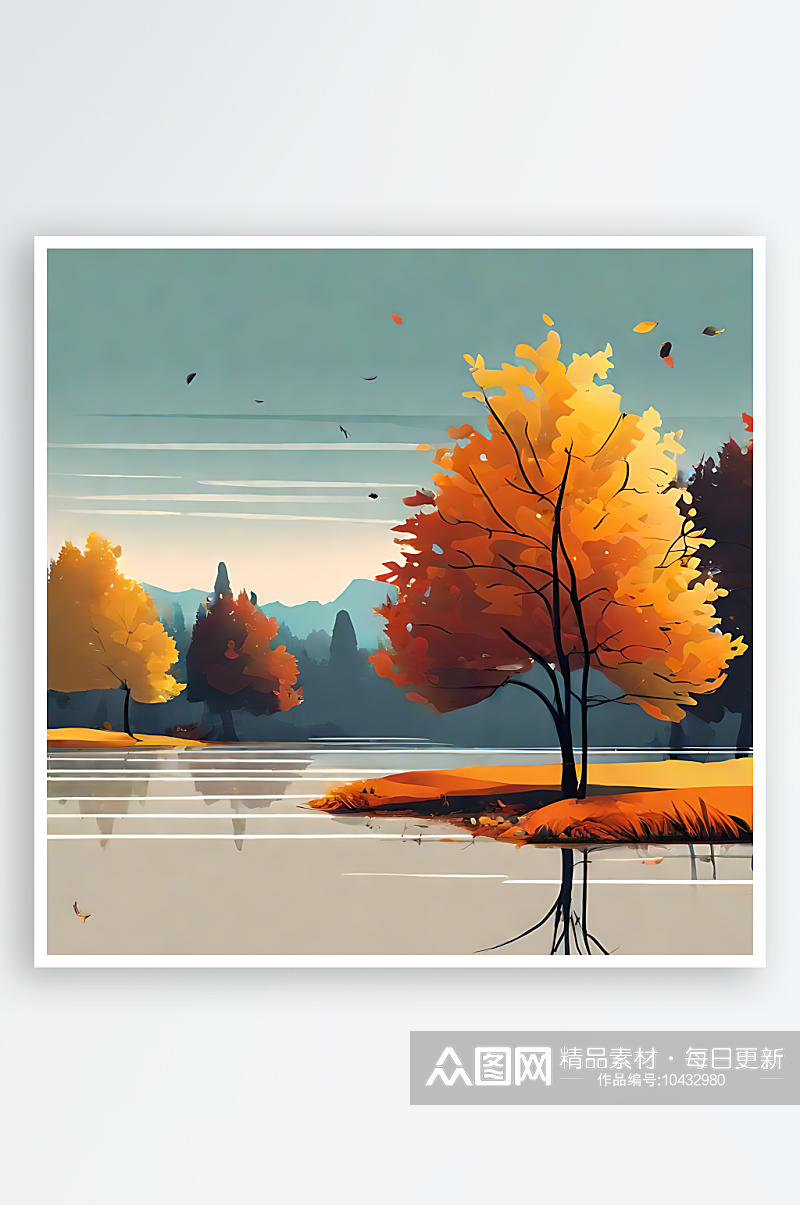 秋天风景扁平风插画AI数字艺术素材