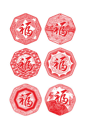中国风红色春节新年窗花剪纸元素