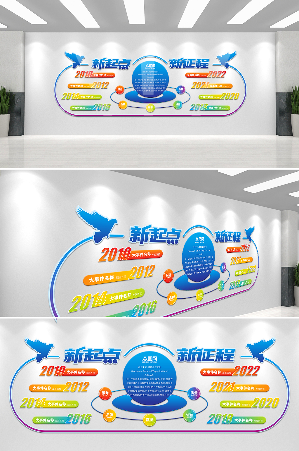 蓝色高端大气企业文化公司发展历程文化墙素材