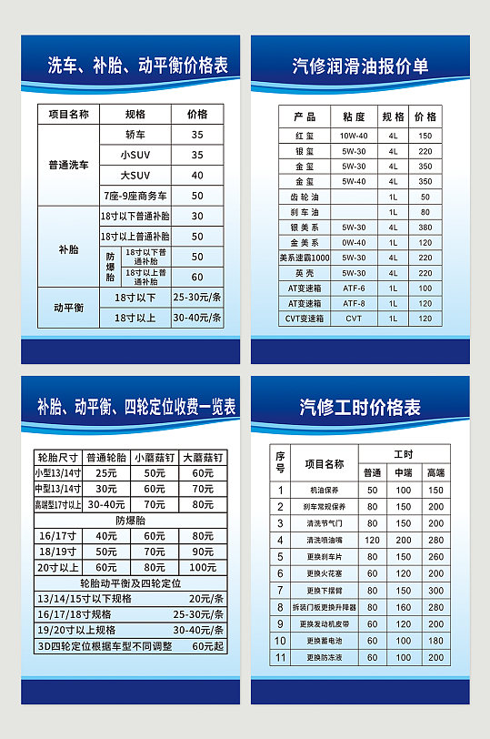 三类汽修制度牌洗车补胎润滑油工时报价表