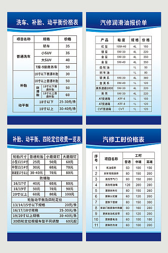 三类汽修制度牌洗车补胎润滑油工时报价表