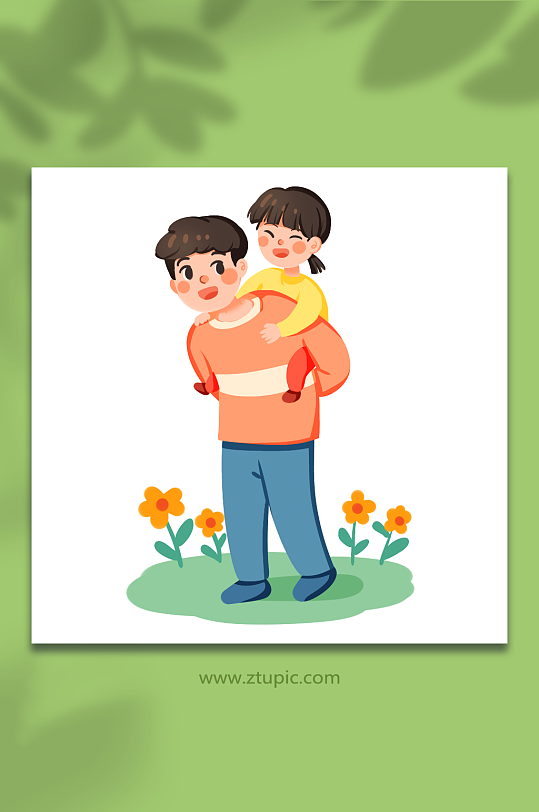 手绘卡通父亲节爸爸背着女儿元素插画