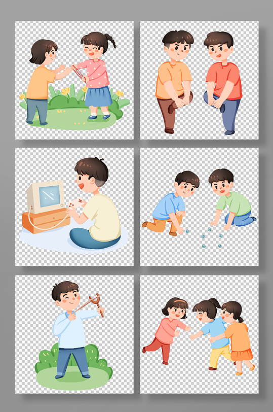 手绘卡通复古怀旧儿童节小朋友玩游戏-众图网