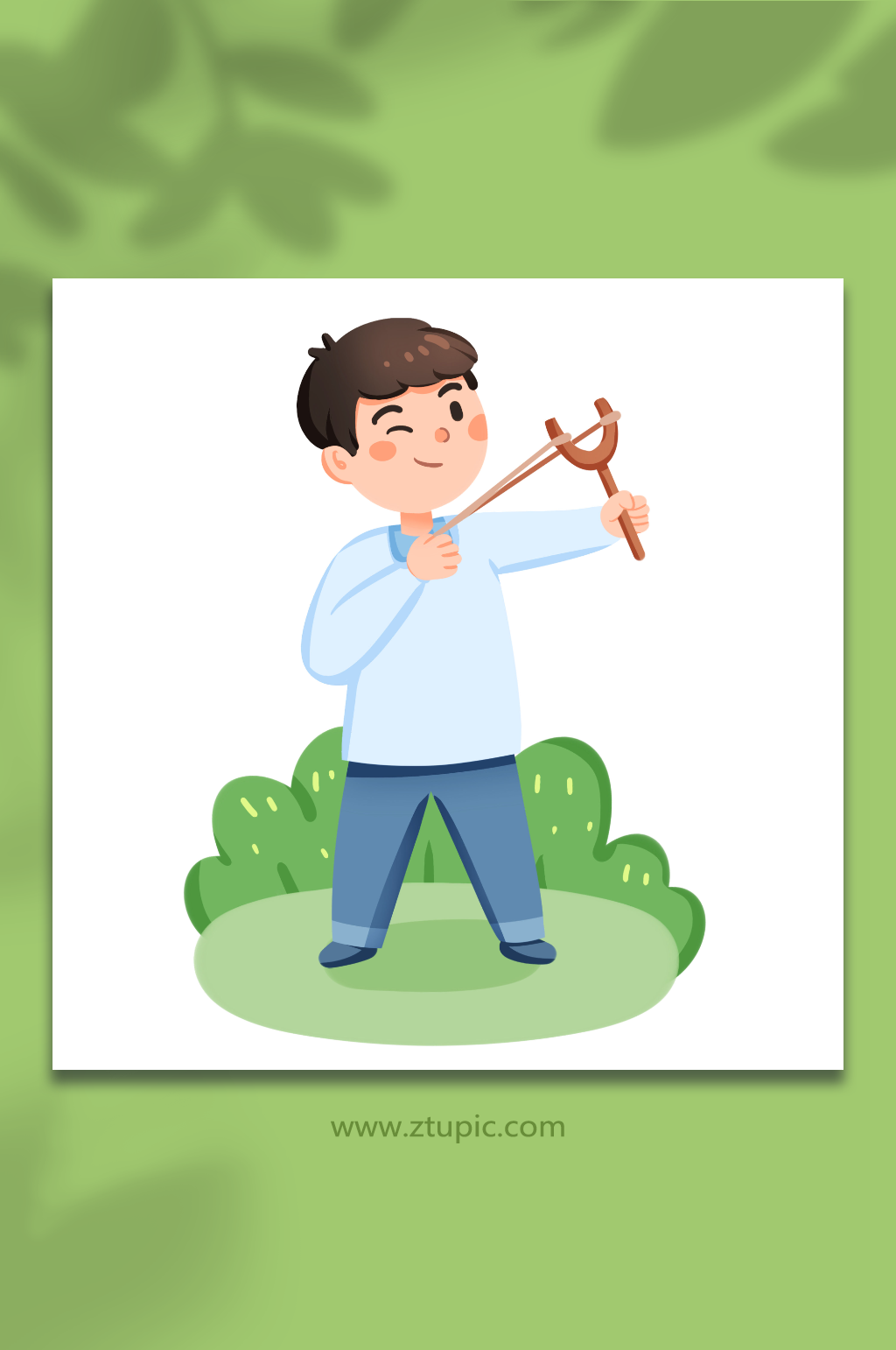 手绘卡通玩弹弓的小男孩儿童元素插画素材