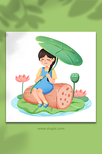 手绘卡通小暑节气女孩坐在莲藕上夏季插画