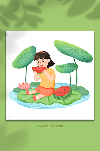 手绘卡通女孩坐在荷叶上吃西瓜夏季插画