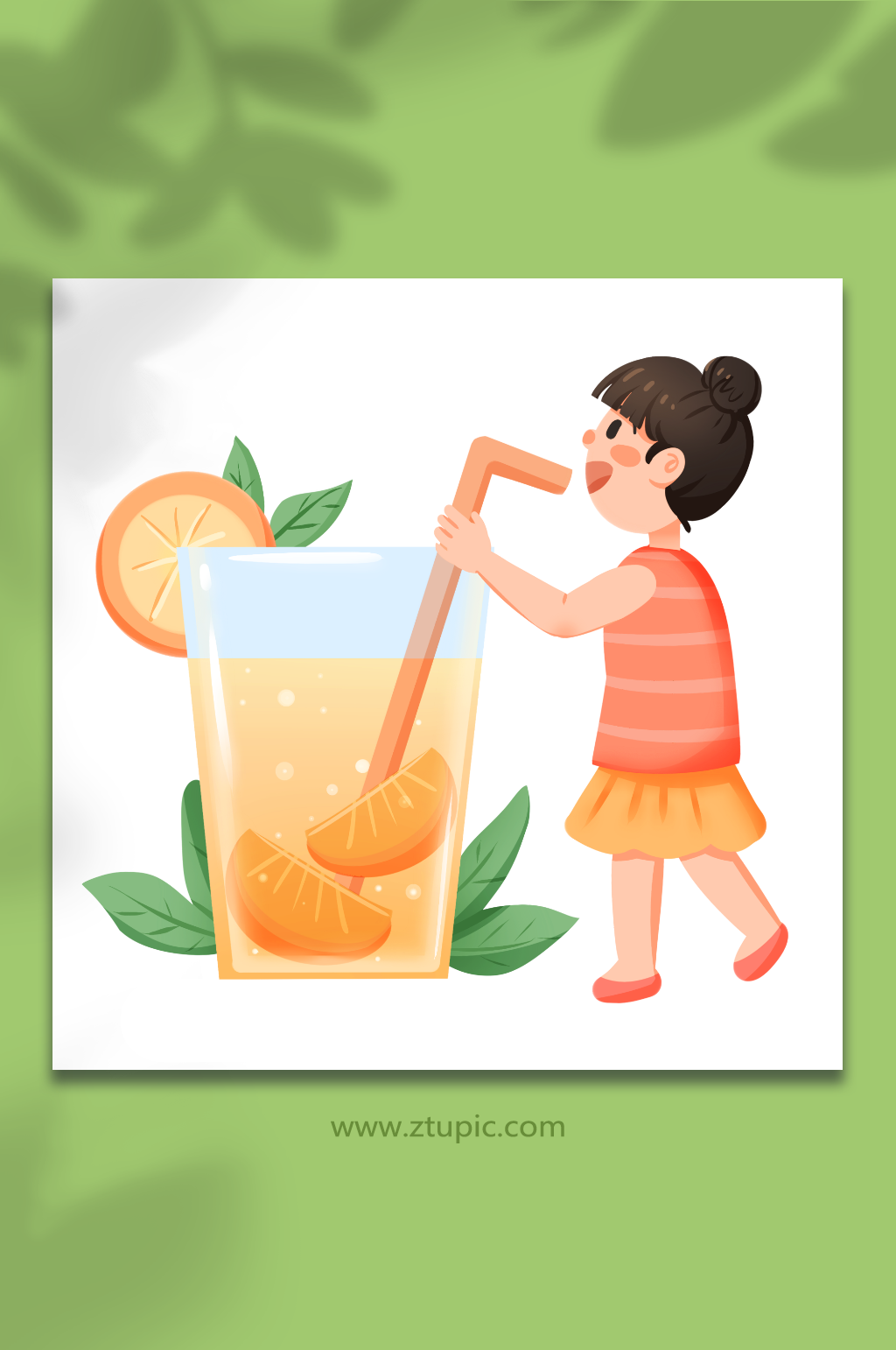 手绘卡通小暑节气喝冷饮的女孩夏季插画素材