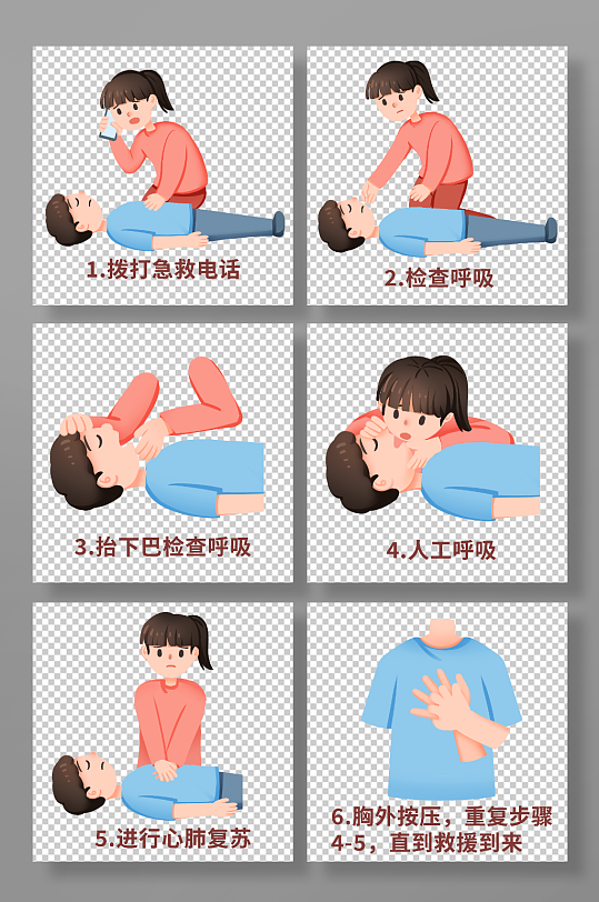 手绘卡通心肺复苏步骤急救医疗插画