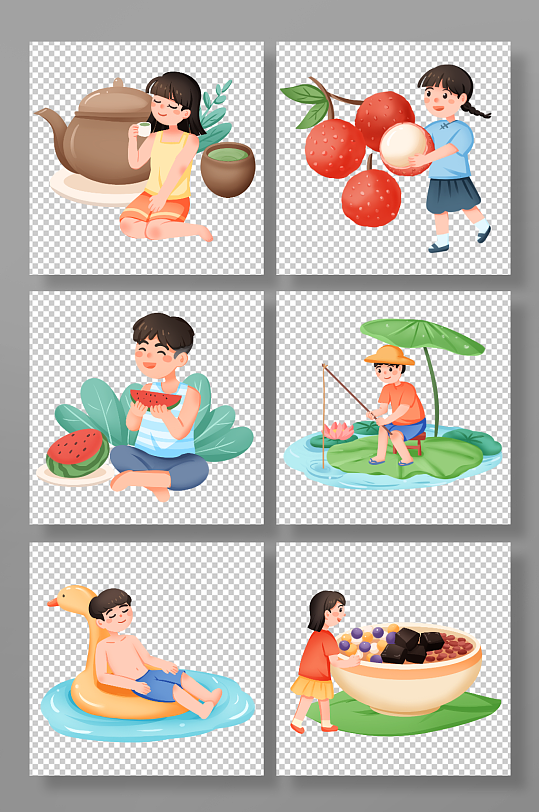 手绘卡通大暑节气夏季元素插画-众图网