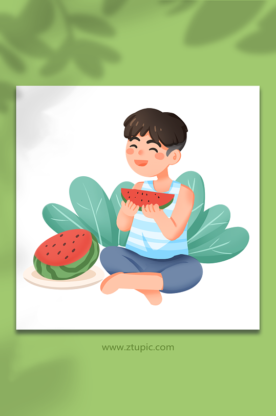 手绘卡通大暑节气夏季吃西瓜免抠元素