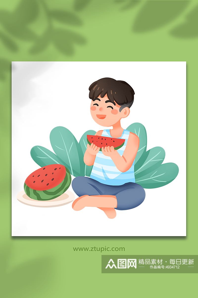 手绘卡通大暑节气夏季吃西瓜免抠元素素材