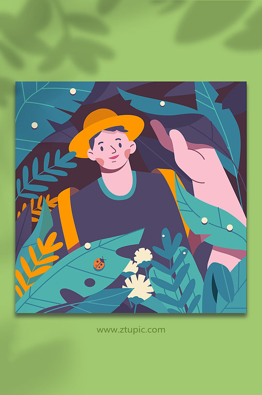 扁平少年在丛林中进行探险人物插画