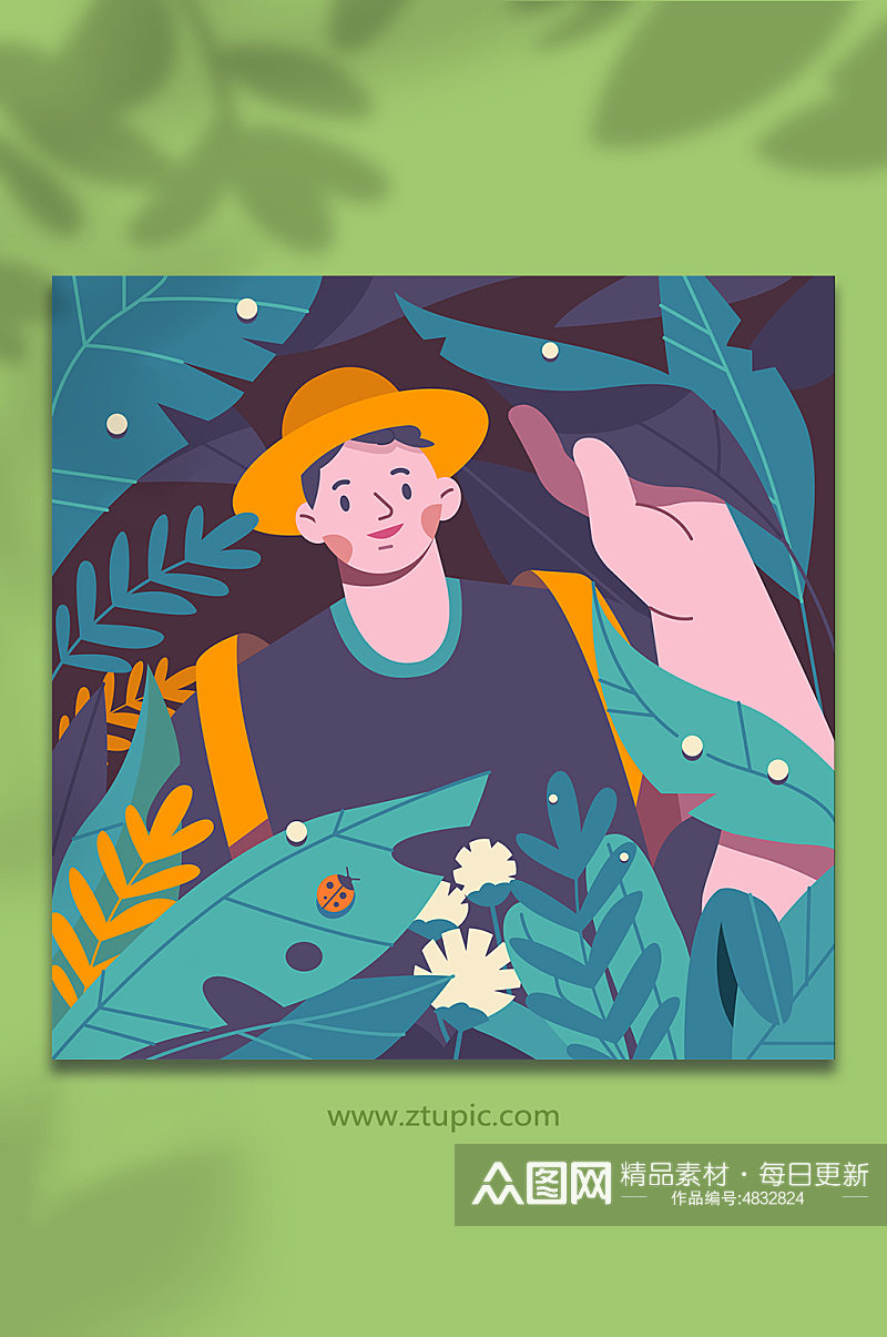 扁平少年在丛林中进行探险人物插画素材