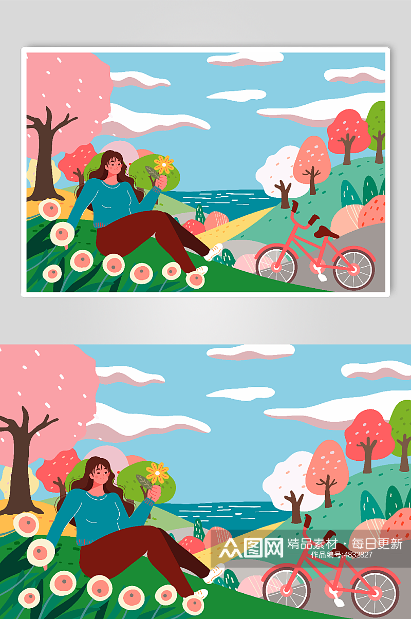春天少女在美丽的花丛和树林中骑行人物插画素材