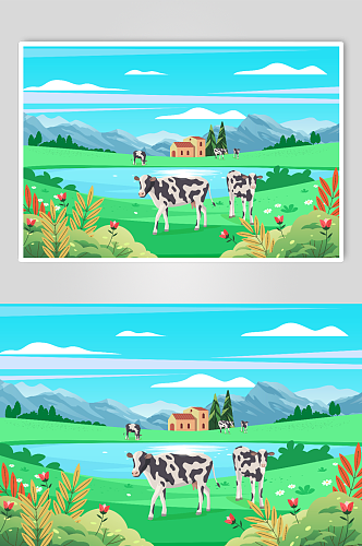 奶牛在牧场上吃草乡村农村风景插画