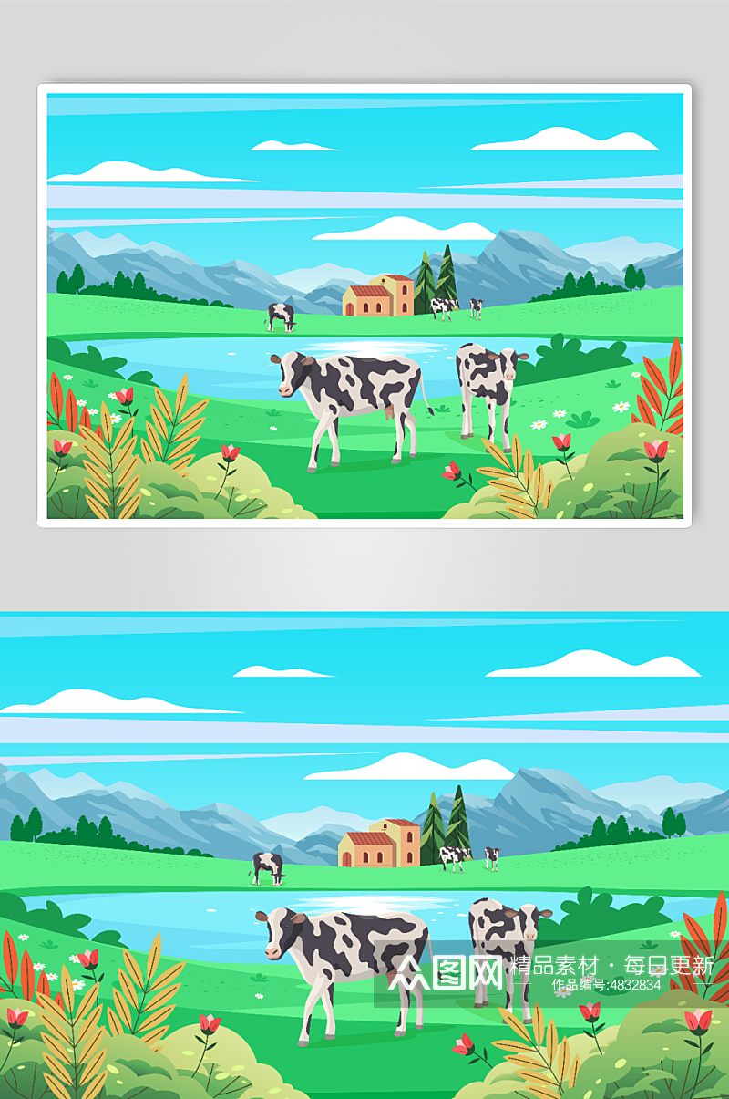 奶牛在牧场上吃草乡村农村风景插画素材