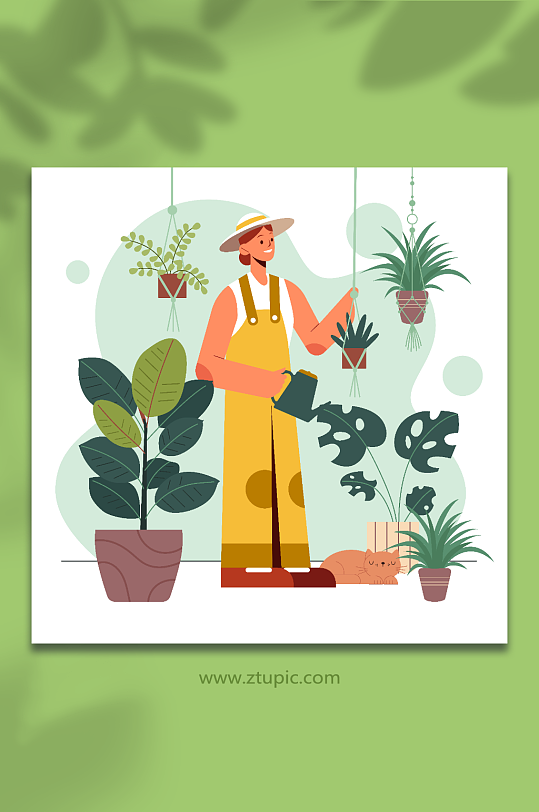 扁平女人爱好园艺照顾绿植人物插画