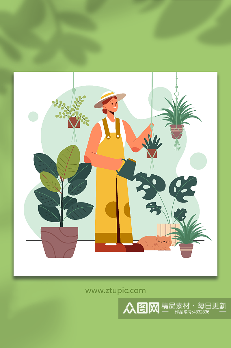 扁平女人爱好园艺照顾绿植人物插画素材