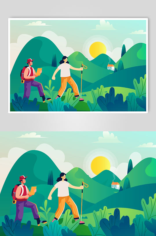 春天去户外山间远足踏青人物插画-众图网