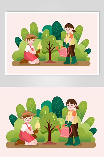 两个儿童在春天花园里植树