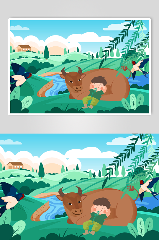 清明牧童和黄牛躺在河边柳树下插画