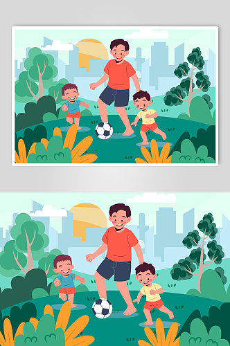 父亲带着两个小朋友在公园踢球插画