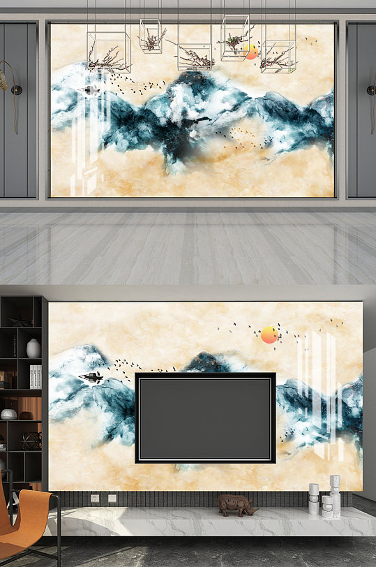 中式意境山水背景墙-众图网