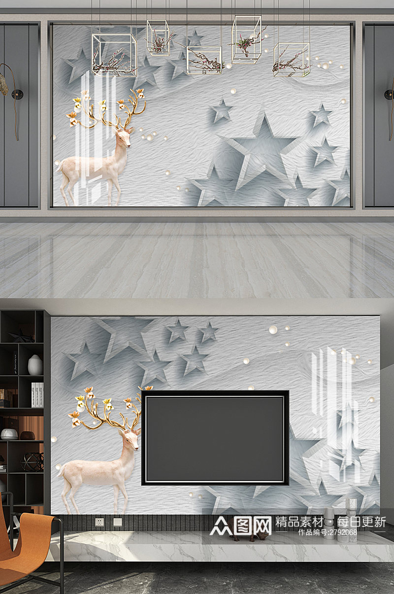 3D麋鹿背景墙装饰画素材